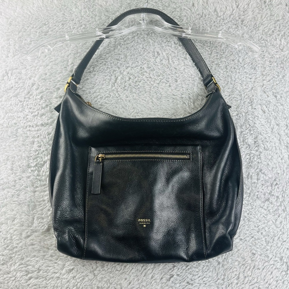 Fossil Issue No 1954 Black Pebbled Leather Hobo Shoulder Bag Gold Hardware